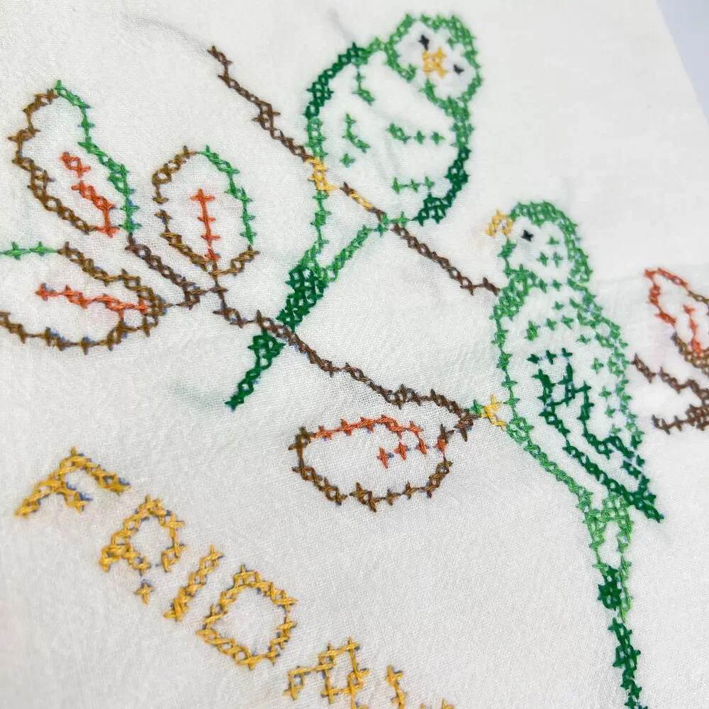 Vintage 4 Tea Towels Set Days of the Week Cross Stitch Love Birds Cottage